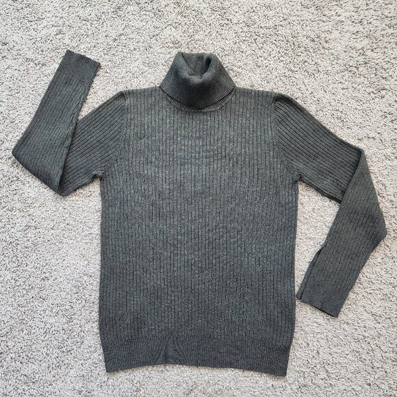 Calvin Klein Grey Ribbed Turtleneck Sweater with Button Sleeves - Picture 3 of 7